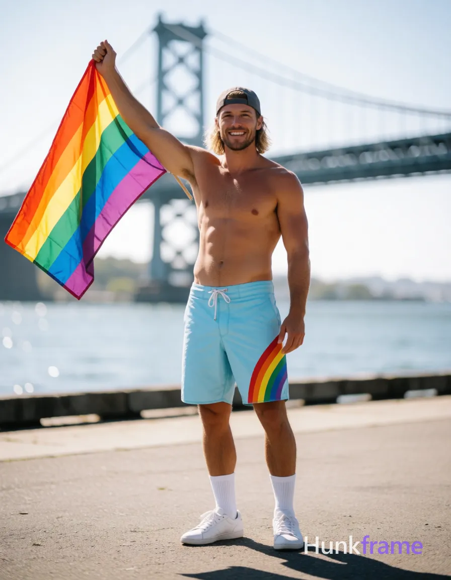 A handsome Caucasian man with tanned skin and shoulder-length blonde hair under a backward grey baseball cap stands shirtless on a waterfront promenade holding a rainbow flag high in his right hand; He smiles broadly showing light stubble, left arm relaxed at side; Wearing light blue board shorts with rainbow stripe graphic, white crew socks pulled up mid-calf, and white lace-up sneakers; Right foot planted forward, left foot slightly back; Bright natural sunlight from upper left casts strong shadows on the ground; Large suspension bridge in background softly blurred by shallow depth of field; High-contrast editorial photography full-body centered shot with candid iPhone rear-camera snapshot energy, real lifestyle scene vibe; single clean uninterrupted photograph with a cohesive editorial composition and plain continuous surrounding surfaces
