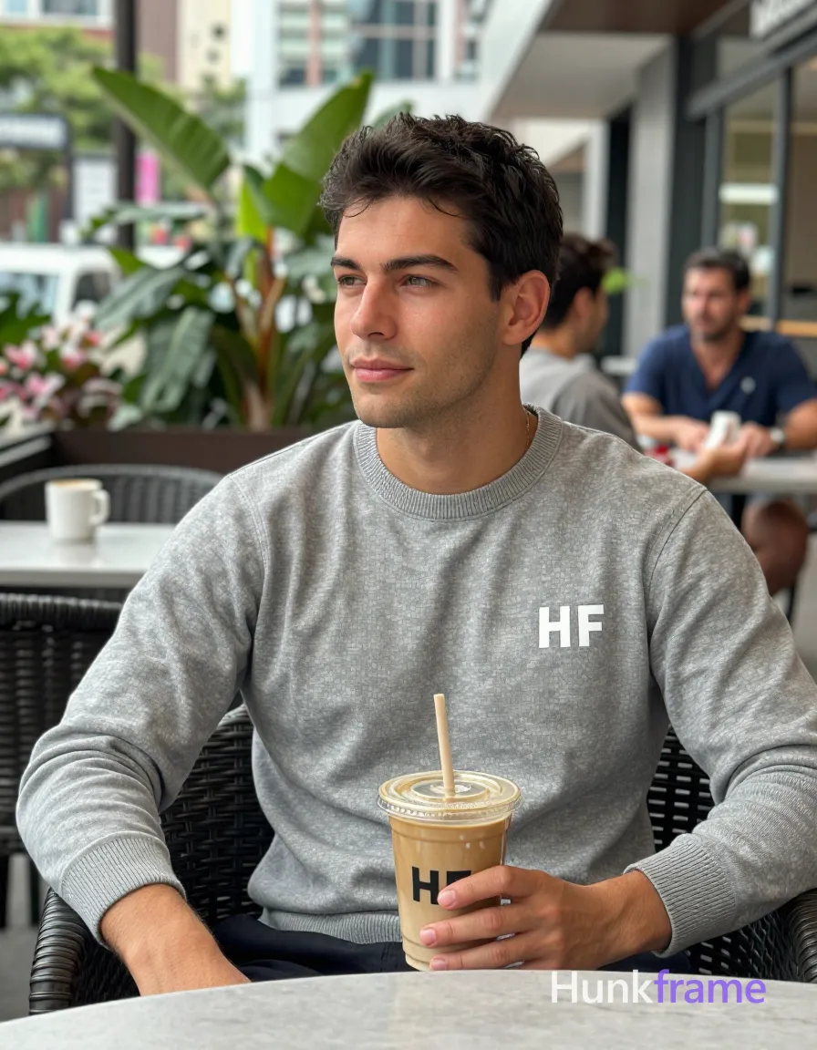 an anonymous figure man with light to medium tan skin and short textured dark brown hair, clean-shaven jawline with faint upper lip stubble; Seated upright in wicker chair at outdoor café table holding clear plastic iced coffee cup with straw in left hand; right arm obscured by sleeve wearing grey crewneck sweater with 'HF' logo on chest; shallow depth of field, soft natural daylight, blurred urban background foliage and patrons; FULL GARMENT TEXT REPLACEMENT: remove every source garment word, sentence, slogan, logo, and partial brand spelling from every existing print area, then replace those source marks with only the wordmark, spelled exactly "HF"; This is replacement, Repeated "HF" marks are allowed only where the source garment already had printed text; preserve appropriate placement, typography, color, and scale, logo, caption, username, hashtag, comment, watermark, or UI chrome, shot on iPhone 15 Pro main camera, authentic smartphone computational photography, natural Smart HDR, vertical 9:16 Xiaohongshu lifestyle post, bright clean gym or cafe scene; single clean uninterrupted photograph with a cohesive editorial composition and plain continuous surrounding surfaces