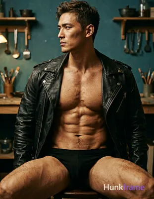 A photorealistic photograph of a handsome man seated with a torso-only crop. He 