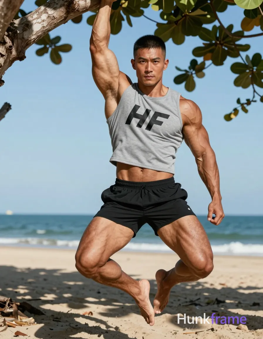 Asian man with tanned skin and short black textured crop top hair, clean-shaven head and square jawline. He hangs from a tree branch on the left side of frame in mid-air suspension, pulling up with right hand while left leg lifts bent at knee, torso leaning back for balance. Wearing gray sleeveless tank top replacing all source text with 'HF' wordmark across chest, black athletic shorts covering lower torso. Arms and legs exposed showing highly muscular build, defined abs, thick thighs, sculpted legs. Natural outdoor beach setting with ocean background and sandy ground beneath. High contrast lighting creates dramatic shadows cast by tree foliage against blue sky. Vertical portrait orientation 13:19 aspect ratio. Muscle bear photography style emphasizing broad shoulders, meaty chest, rugged warm confidence, detailed muscle definition, dynamic athletic mood, focused intense gaze directed at camera. FULL GARMENT TEXT REPLACEMENT: remove every source garment word, sentence, slogan, logo, and partial brand spelling from every existing print area, then replace those source marks with only the wordmark, spelled exactly "HF". This is replacement, never addition: no original source letters may remain beside or behind it. Repeated "HF" marks are allowed only where the source garment already had printed text; preserve appropriate placement, typography, color, and scale. No other visible text, logo, caption, username, hashtag, comment, watermark, or UI chrome., a single uninterrupted photograph only, no written words or typography anywhere in frame, no captions, no app UI, no social-media post layout, no screenshot borders