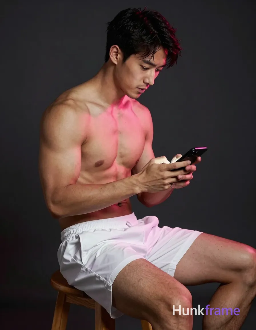 Asian man with tanned skin and short dark hair, clean-shaven chin with light stubble on jawline; Shirtless adult male seated sideways on a wooden stool in an indoor dimly lit room against a dark background; Torso angled forward slightly toward knees; left arm bent holding black smartphone at chest level, thumbs scrolling over screen as if typing; Right leg extended forward showing thick thighs with prominent quadriceps and hamstrings, white loose-fitting athletic shorts reaching mid-thigh covering lower legs; Entire upper torso including pectorals and abdomen exposed under dramatic side lighting highlighting musculature; Pinkish-red ambient glow from phone casts rim effect on hairline and shoulder; High contrast shallow depth of field fine-art editorial aesthetic portrait centered horizontally occupying majority of frame height with head in upper third looking down-right, same aesthetic theme and photo feel as the reference but a different man in a different pose with distinct body proportions, lean Korean man, sharp jaw, monolid eyes, slim swimmer build, natural black hair; single clean uninterrupted photograph with a cohesive editorial composition and plain continuous surrounding surfaces
