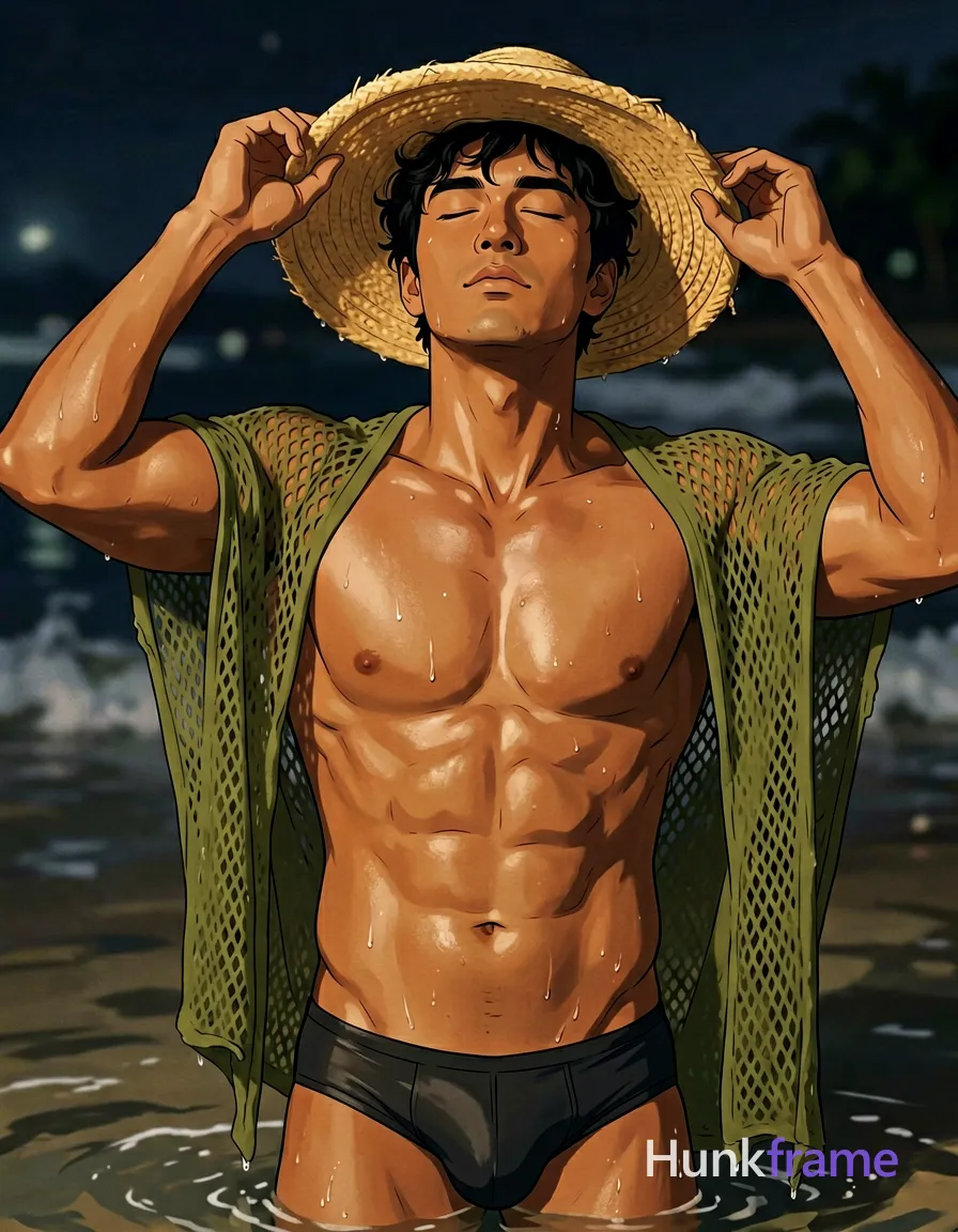 Asian man with tanned skin and short black straight hair stands in shallow water at night, adjusting a wide-brimmed straw hat on his head; He is shirtless with an olive-green open-knit mesh garment draped over shoulders exposing entire chest and abdomen; Broad shoulders, defined pectorals, visible abdominal definition; Relaxed expression with head tilted back slightly, eyes closed squinting against light; Vertical portrait orientation 13:19 aspect ratio; Close-up torso-to-head framing from mid-chest up to forehead where hat brim partially obscures upper face and right eye; Shallow depth of field blurring background waves with dramatic directional lighting highlighting chest musculature in polished anime style, same aesthetic theme and photo feel as the reference but a different man in a different pose with distinct body proportions, Brazilian Latino man, warm olive skin, curly dark hair, compact athletic torso; securely fitted underwear or swim trunks with complete frontal coverage; single clean uninterrupted artwork with a cohesive composition and plain continuous surrounding surfaces