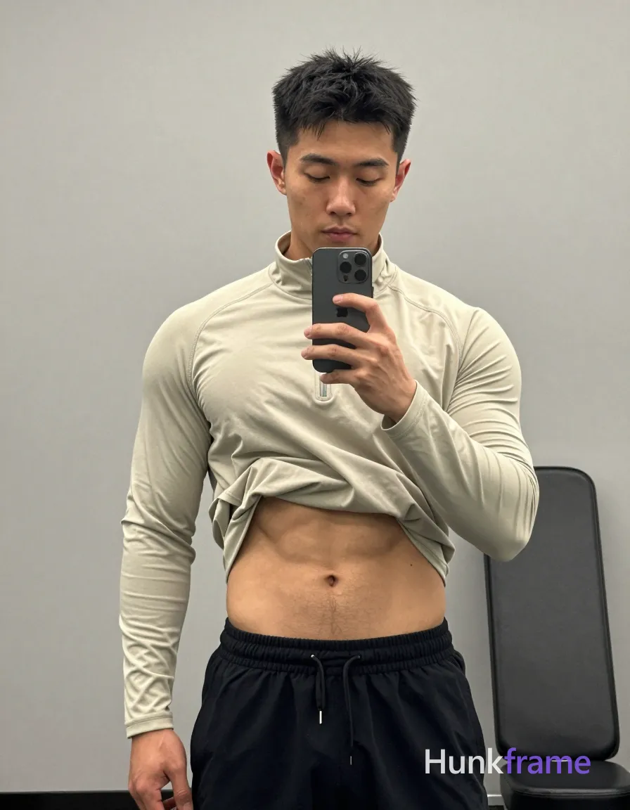 Asian man with light-medium skin and short black textured hair stands facing a mirror, eyes closed in neutral expression; He wears unobstructed face with both eyes, irises, eyebrows, temples, and nose bridge clearly visible; His left hand lifts the hem of his beige an anonymous figure long-sleeve quarter-zip athletic shirt at waistline, exposing lower abdomen and right hip flexor area; waistband remains mid-thigh on right side; Broad shoulders with defined pectorals and visible abdominal definition frame a partial nude torso in black drawstring athletic shorts; Indoor gym setting with plain light-gray wall background and black padded bench to the right; Soft directional lighting creates subtle shadows on skin and fabric, highlighting rugged build; Vertical portrait composition, clean minimalist aesthetic, shot on iPhone 15 Pro main camera, authentic smartphone computational photography, natural Smart HDR and true-to-life skin texture, vertical 9:16 Xiaohongshu lifestyle feed, bright clean everyday scene, unretouched phone photo with subtle sensor grain, trendy Chinese internet 网红 aesthetic, candid influencer energy, phone held naturally in one; single clean uninterrupted photograph with a cohesive editorial composition and plain continuous surrounding surfaces