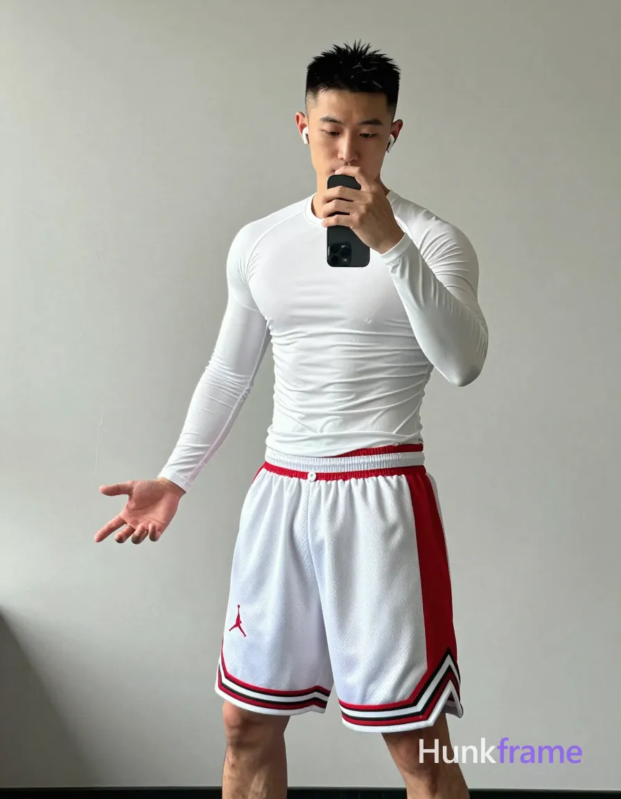 Asian man with short textured dark black crop hair and clean-shaven face, standing casually in a modern home gym setting instead of bathroom; He wears white wireless earbuds visible on the left ear, a white long-sleeve compression shirt covering torso completely from neck to waistline, and white basketball shorts with red panel on outer thigh featuring white Jumpman logo bordered by black and red stripes; Full-body shot head to feet, knees slightly bent relaxed stance, holding black smartphone in front of face angled toward mirror reflection while right hand extends outward with fingers slightly curled palm up; Bright natural window light creates soft highlights on skin and fabric texture; Clean lines minimalist composition candid iPhone selfie energy real lifestyle scene trendy vibe portrait orientation; single clean uninterrupted photograph with a cohesive editorial composition and plain continuous surrounding surfaces