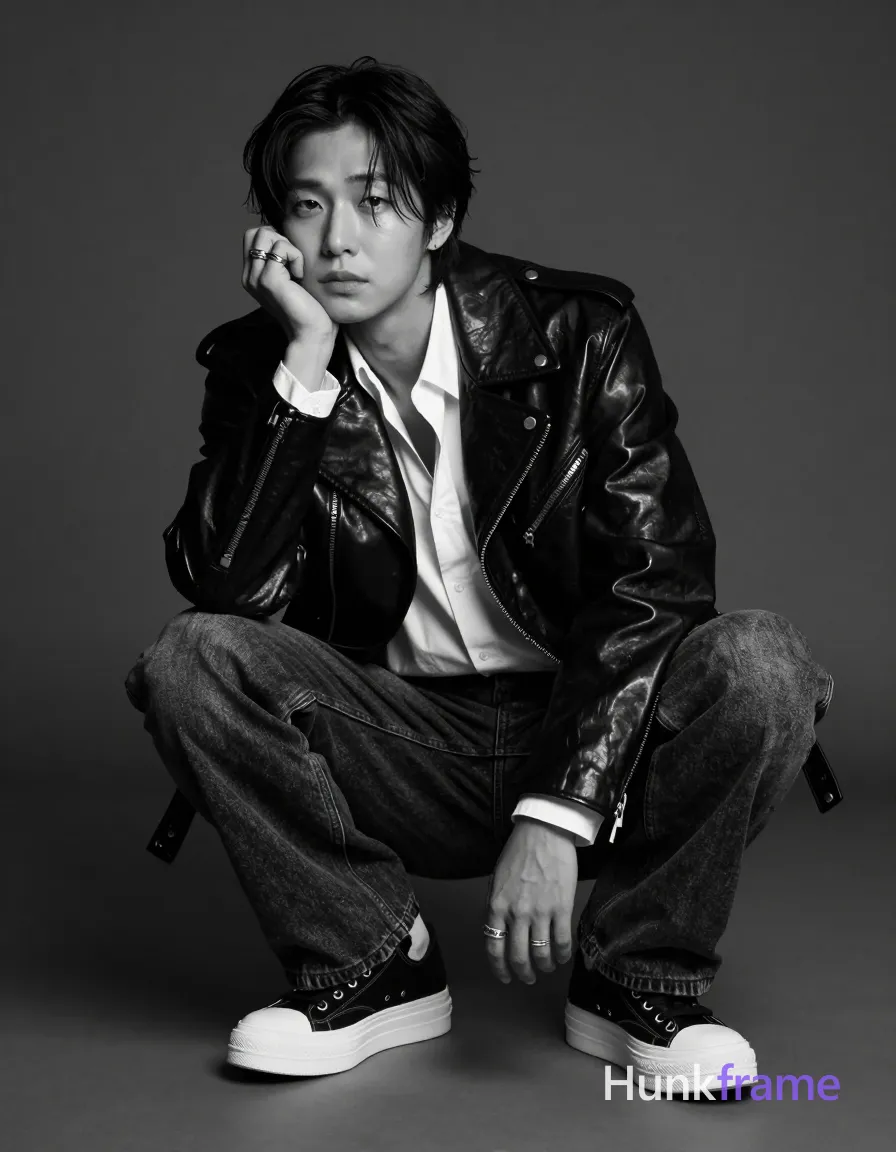 Full-body vertical portrait of a Korean man with medium-dark skin and dark brown chin-length hair parted left, crouching low against a plain dark gray studio background; He wears an oversized black leather jacket open over a white button-down shirt unbuttoned at the collar revealing only the neckline, paired with relaxed fit dark denim jeans slightly baggy around thighs and knees, finished in black high-top sneakers with thick white platform soles and laces; His left hand rests against his cheek showing two stacked rings on the ring finger while his right hand sits between his thighs displaying a visible index ring; High-contrast black-and-white editorial photography with sculpted lighting emphasizing textured leather and denim fabric; soft directional key light from front-left illuminates face and shoulder, subtle rim light defining jacket edges; Mood is dramatic, moody, fashion-forward, minimalist; single clean uninterrupted photograph with a cohesive editorial composition and plain continuous surrounding surfaces