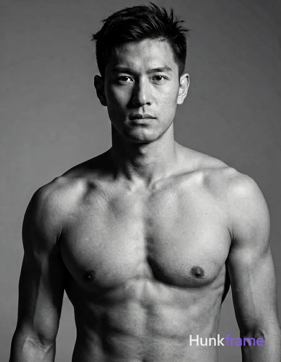 Caucasian man with short dark tousled hair, clean-shaven face, direct gaze and neutral mouth. Shirtless upper torso close-up portrait; slight body turn to viewer's left with right shoulder forward. Broad shoulders and defined pectorals fill the lower frame against a plain studio background. High-contrast fine-art photography with dramatic directional lighting from the right casting strong shadows on the left side of face and chest. Monochrome black-and-white palette, sculpted skin texture, intense masculine athletic mood., same aesthetic theme and photo feel as the reference but a different man in a different pose with distinct body proportions, Thai man, smooth tan skin, gentle eyes, slim toned Muay Thai physique, wearing underwear or swim trunks, covered genitals, no frontal nudity, a single uninterrupted photograph only, no written words or typography anywhere in frame, no captions, no app UI, no social-media post layout, no screenshot borders