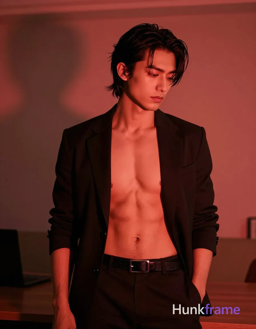Adult man standing in a trendy urban apartment with warm red ambient lighting, shirtless under an open black blazer with sleeves rolled to forearm length; Dark trousers feature a textured belt with a metallic rectangular buckle; He has broad shoulders and defined pectoral muscles visible on his bare chest and abdomen; His dark medium-length hair is swept back with side-swept bangs falling over the forehead and right eye, texture smooth and slightly glossy under red light; Clean-shaven face with downcast introspective gaze directed downward, head tilted to the right; Mid-thigh-up torso shot centered horizontally, high contrast silhouette-heavy lighting casting deep shadows on the left body while strong red ambient light saturates skin tones; single clean uninterrupted photograph with a cohesive editorial composition and plain continuous surrounding surfaces