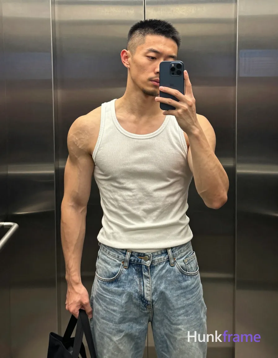 Asian man with short black buzz cut and slight upper lip stubble, highly muscular build with prominent arm vascularity; Standing upright facing slightly left in an elevator mirror reflection, right hand holding dark blue smartphone against cheek for selfie, left hand gripping black tote bag handle at hip level; Wearing white ribbed muscle tank top exposing bare shoulders and deltoids, light-wash denim jeans with button fly; Vertical full-body crop from head to mid-thighs; Soft ambient indoor lighting highlights skin texture on brushed stainless steel walls; Naturalistic smartphone color grading, confident homoerotic aesthetic, shot on iPhone 15 Pro main camera, authentic smartphone computational photography, natural Smart HDR and true-to-life skin texture, vertical 9:16 Xiaohongshu lifestyle feed, bright clean everyday scene, unretouched phone photo with subtle sensor grain, trendy Chinese internet 网红 aesthetic, candid influencer energy, phone held naturally in one hand for selfie, phone visible in frame; single clean uninterrupted photograph with a cohesive editorial composition and plain continuous surrounding surfaces