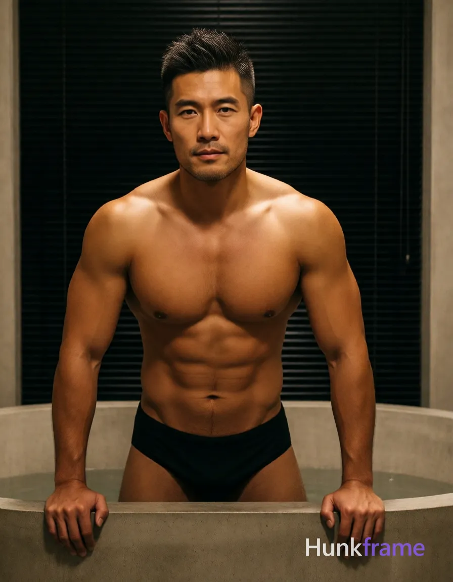 Photograph of exactly 1 adult man. Man 1: Asian, tanned, square jawline with defined cheekbones, short, dark brown/black hair, textured top with faded sides (undercut), slightly spiky on crown, clean-shaven. Man 1 has fully exposed eyes, eyebrows, temples and nose bridge. Broad shoulders, thick arms define the tanned Asian man standing in the tub. He stands upright relaxed inside a freestanding concrete bathtub with hands on rim. Shirtless torso shows ripped abdomen while black swim briefs sit at waistline only. Vertical portrait crops upper body above tub rim centered horizontally within frame. Indoor bathroom features large concrete tub, black horizontal blinds behind subject. Warm artificial light casts soft shadows highlighting sculpted musculature dramatically. Fine-art photography aesthetic with homoerotic undertone through pose and setting