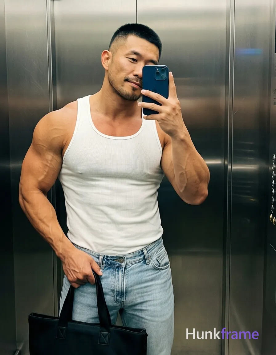 Asian man with short black buzz cut and slight upper lip stubble, highly muscular build with prominent arm vascularity; Standing upright facing slightly left in an elevator mirror reflection, right hand holding dark blue smartphone against cheek for selfie, left hand gripping black tote bag handle at hip level; Wearing white ribbed muscle tank top exposing bare shoulders and deltoids, light-wash denim jeans with button fly; Vertical full-body crop from head to mid-thighs; Soft ambient indoor lighting highlights skin texture on brushed stainless steel walls; Naturalistic smartphone color grading, confident homoerotic aesthetic; single clean uninterrupted photograph with a cohesive editorial composition and plain continuous surrounding surfaces