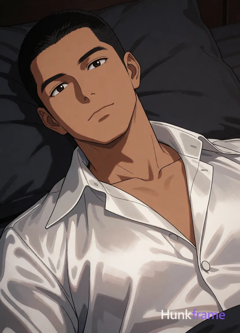 an anonymous figure adult man with short black buzz cut and light stubble, grimacing tightly shut eyes as if waking abruptly; Lying supine on back in a dark bedroom setting, head tilted left against pillows wearing a white satin button-down shirt with wide collar and deep V-neck exposing upper chest; Lean build physique visible under soft directional lighting from front-left creating subtle shadows; Vertical anime style composition emphasizing expressive face details of light to medium tan skin showing pores; Minimalist tight crop framing shoulders up to forehead, polished 2.5D next-gen rendering quality, same aesthetic theme and photo feel as the reference but a different man in a different pose with distinct body proportions, Thai man, smooth tan skin, gentle eyes, slim toned Muay Thai physique; single clean uninterrupted artwork with a cohesive composition and plain continuous surrounding surfaces