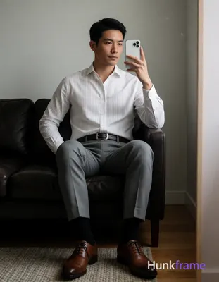 Asian man seated on dark leather sofa, legs spread apart with knees bent; Right 