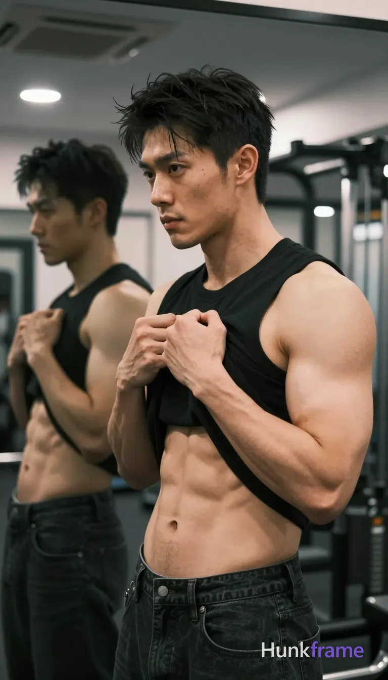 Photograph of exactly 1 adult man. Man 1: Asian, light-medium, oval with defined jawline, short dark hair, slightly tousled texture, side parting visible, clean-shaven with slight stubble on chin and jawline. Man 1 has fully exposed eyes, eyebrows, temples and nose bridge. defined pectoral muscles, six-pack abs on Asian man. pulling black t-shirt up to expose chest while holding phone. black crew-neck shirt lifted revealing torso over dark denim jeans. vertical portrait with subject center-right facing left mirror reflection. indoor gym environment featuring weight racks, exercise equipment background. overhead recessed lighting casting soft shadows on ceiling panels. fine-art photography emphasizing sculpted musculature in premium fashion editorial