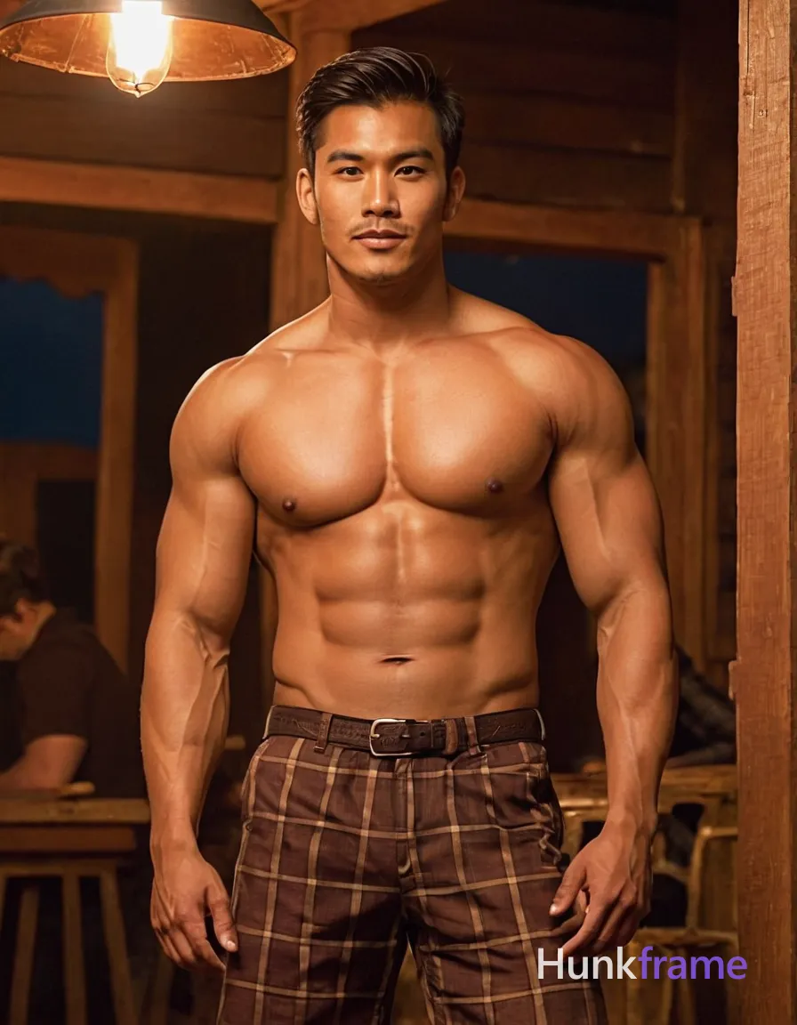 Thai man with smooth tan skin and gentle eyes, standing shirtless in checkered pants and brown cowboy boots; slim an anonymous figure physique with strong abs and powerful legs, setting: old Western saloon at dusk, warm amber light filtering through windows and lanterns, soft focus background blur; painterly fine-art photography style