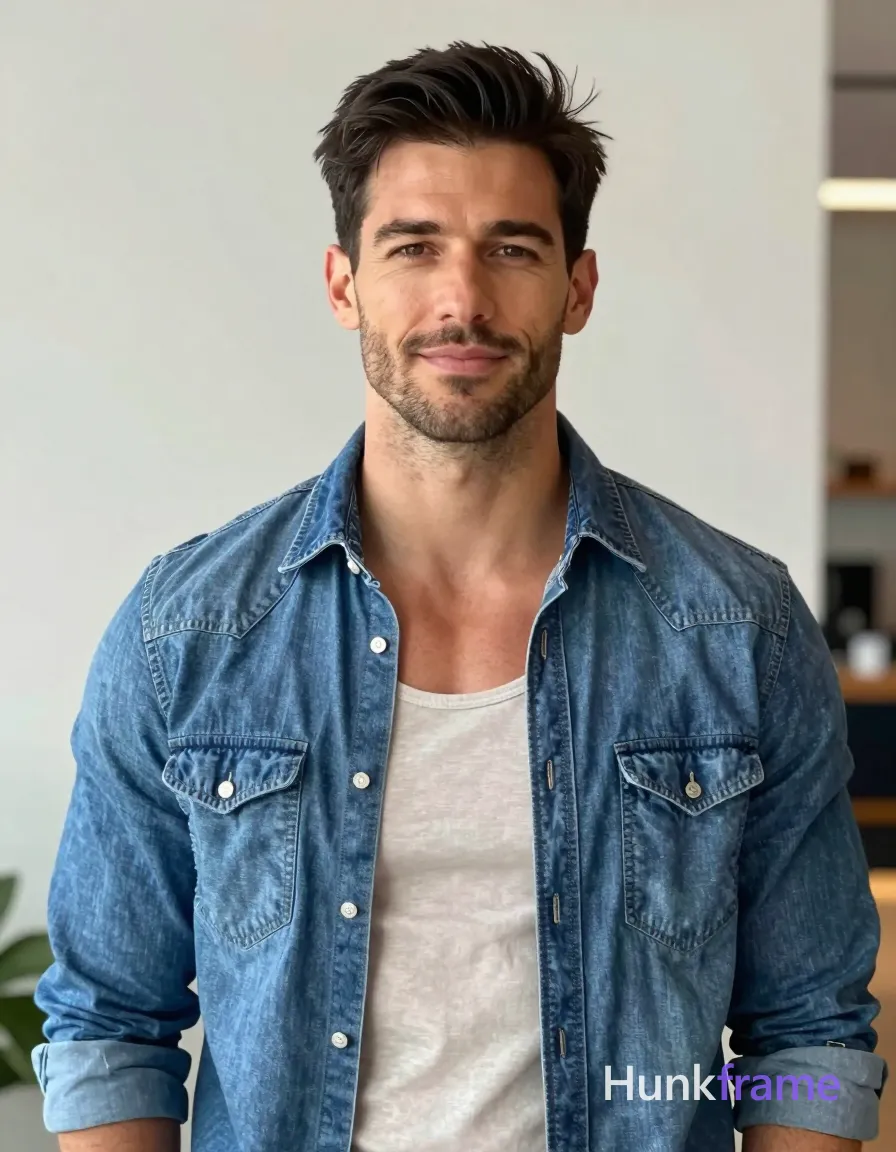 A handsome adult man with light-medium skin and black short hair styled in side-swept bangs stands facing forward. He wears a denim button-up shirt unbuttoned at the collar over a light-colored crew-neck t-shirt, revealing a lean build and smooth torso covered by fabric. Short stubble frames his face as he offers a slight smile with direct gaze into the lens. The composition is a centered head-and-shoulders portrait cropped from upper chest to top of head against a plain studio background lit by soft even light that creates shallow depth of field blur., shot on iPhone 15 Pro main camera, authentic smartphone computational photography, natural Smart HDR, vertical 9:16 Xiaohongshu lifestyle post, bright clean gym or cafe scene, wardrobe matching reference outfit, confident everyday blogger pose, phone photo with natural grain, a single uninterrupted photograph only, no written words or typography anywhere in frame, no captions, no app UI, no social-media post layout, no screenshot borders