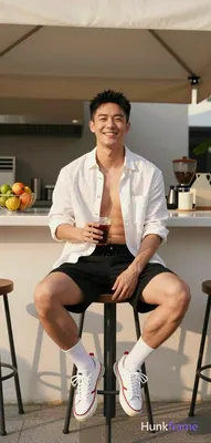 Asian man with light-medium skin and black short styled hair, clean-shaven face 