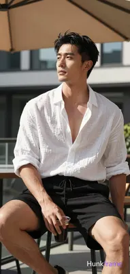 Asian man with light-medium skin, black short hair styled with volume on top and sides swept back, c
