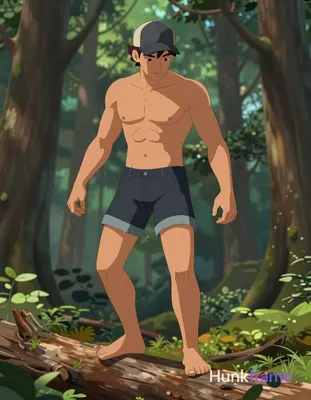 A polished anime-style illustration of a Caucasian man with light medium tan skin balancing on a fal