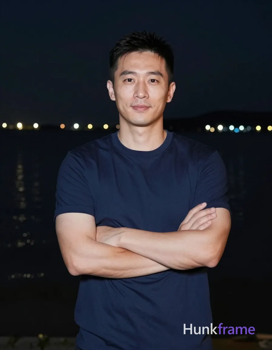 Asian man with short black hair and clean-shaven face stands confidently at a nighttime waterfront, arms crossed over chest in solid navy blue crew-neck t-shirt; Soft frontal fill light illuminates his broad shoulders and defined biceps against dark sky with distant water lights reflecting behind him; Slightly soft focus on background creates natural night photography aesthetic; Vertical portrait crop from head to mid-thighs captures relaxed smiling expression; single clean uninterrupted photograph with a cohesive editorial composition and plain continuous surrounding surfaces