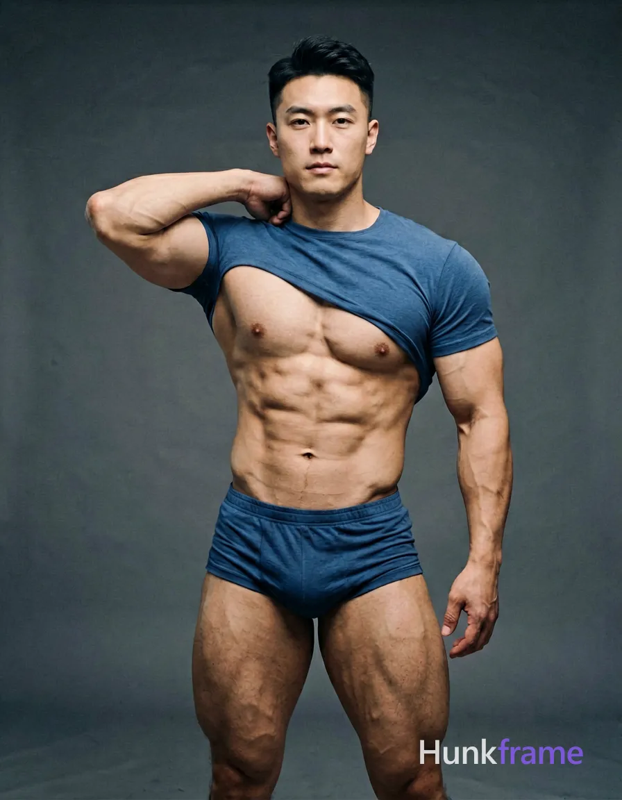 A photorealistic portrait of a handsome masculine male standing with one arm bent over his shoulder, torso slightly turned to the side, showcasing defined abs and thick muscular thighs. He wears only a blue t-shirt draped partially over his bare chest and shoulders, revealing his well-defined physique in soft, even lighting. The background is dark, contrasting against his lighter skin tone and the blue fabric, emphasizing his confident and strong demeanor in a clean studio setting with no distractions
