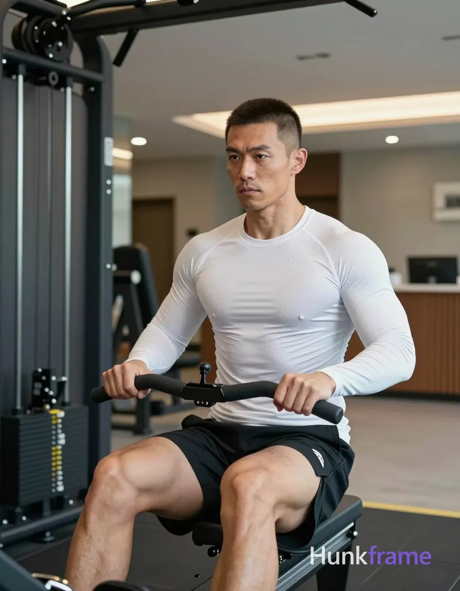 Asian man with short dark brown buzz cut and clean-shaven face, focused serious expression seated on a cable row machine; He wears a white long-sleeve compression shirt with textured mesh panel across chest and ribbed knit sleeves, black athletic shorts with small white logo on left thigh; Pulling black padded handles toward torso, elbows slightly bent, core engaged mid-rep in full-body shot from thighs up to head; Modern gym interior with dark metal equipment frames, concrete flooring, reception desk background; Bright overhead fluorescent lighting casting soft shadows, high contrast between white shirt and dark machinery; Vertical portrait 13:19 aspect ratio, slight low-angle perspective center-right foreground, premium fashion-editorial aesthetic; single clean uninterrupted photograph with a cohesive editorial composition and plain continuous surrounding surfaces