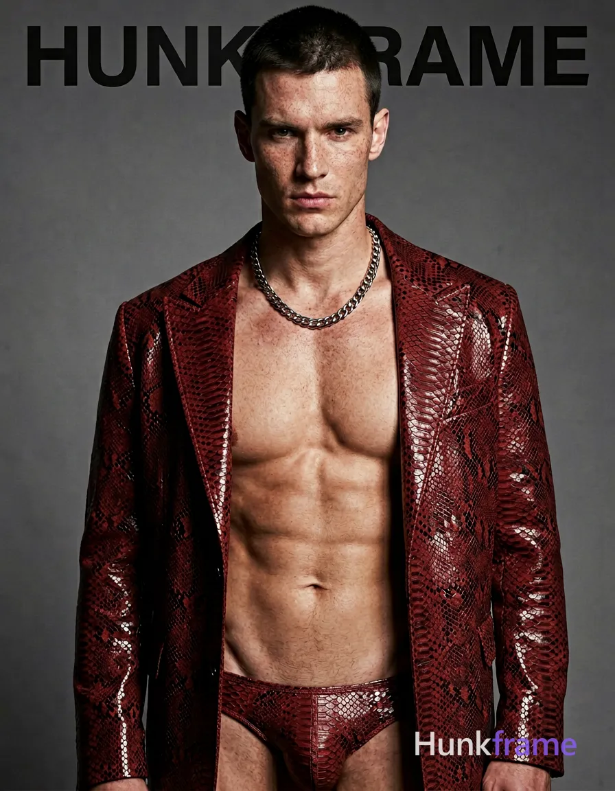 A handsome white man with fair freckled skin and short dark cropped hair stands head-and-shoulders centered, shirtless with a bare chest and neck. He wears an open red-brown snakeskin-patterned jacket revealing silver metallic chains around his neck against a plain studio setting. Dramatic directional lighting from front-left sculpts his lean build and defined jawline in high-fashion editorial photography style. The head fills the upper two-thirds of this vertical portrait, capturing intense masculine mood with direct gaze. Include exactly one visible wordmark, spelled exactly "HUNKFRAME", in the same compositional text position; preserve its appropriate typography and scale. No other visible text, logo, caption, username, hashtag, comment, watermark, or UI chrome., wearing underwear or swim trunks, covered genitals, no frontal nudity, a single uninterrupted photograph only, no written words or typography anywhere in frame, no captions, no app UI, no social-media post layout, no screenshot borders