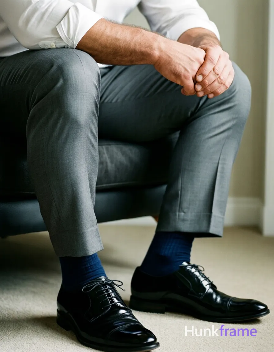 Photoreal photograph of a seated man in a torso-only crop. He is wearing gray suit pants, a white dress shirt with rolled-up sleeves, black patent leather shoes, and dark blue socks. The image highlights his thick muscular thighs. It has a tack-sharp quality, soft lighting, neutral palette, indoor setting, and a relaxed, casual mood. No other people are visible in the image. 959:1280 aspect ratio, vertical portrait orientation, 896x1152 canvas size; clothed with gray suit pants, white dress shirt with rolled-up sleeves, black patent leather shoes, dark blue socks; only legs are slightly exposed