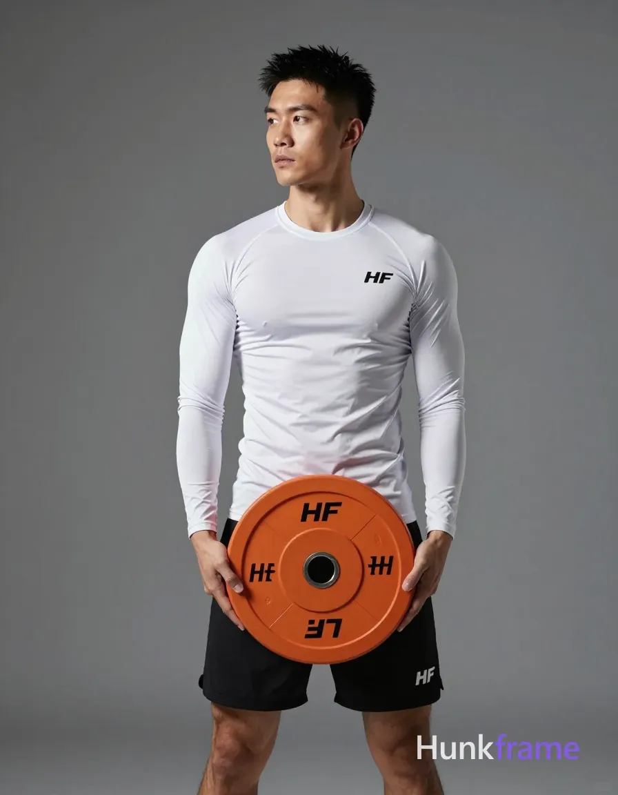 Asian adult man with short black textured hair and clean-shaven face, neutral serious gaze leftward holding an orange 10kg HF weight plate at waist level; Wearing white long-sleeve compression top with chest paneling and small logo on left chest; black athletic shorts mid-thigh with white logo on lower right leg; Standing upright torso straight against gray gym wall background, full body head-to-knees centered shot; Slightly elevated camera angle emphasizing lean muscular physique definition; Soft directional lighting from front-left creating subtle shadows; Vertical portrait composition 13:19 aspect ratio, sharp focus; FULL GARMENT TEXT REPLACEMENT: remove every source garment word, sentence, slogan, logo, and partial brand spelling from every existing print area, then replace those source marks with only the wordmark, spelled exactly "HF"; This is replacement, Repeated "HF" marks are allowed only where the source garment already had printed text; preserve appropriate placement, typography, color, and scale; No other visible text, logo, caption, username, hashtag, comment, watermark, or UI chrome, same aesthetic theme and photo feel as; single clean uninterrupted photograph with a cohesive editorial composition and plain continuous surrounding surfaces