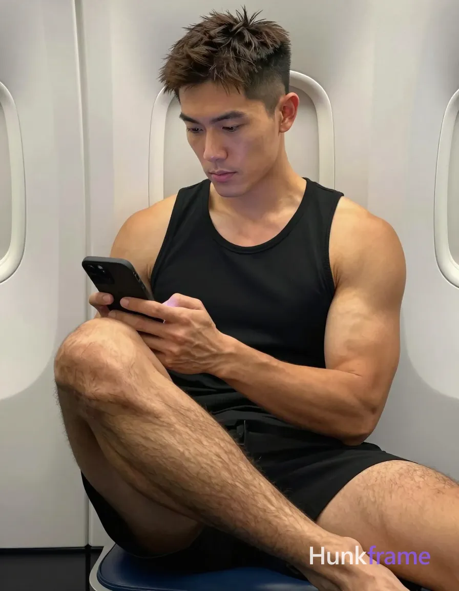Asian man with light to medium tan skin and short dark brown hair featuring a textured top with faded sides sits in an airplane cabin; He wears a black sleeveless tank top covering his upper torso, fully clothed as an adult male; His right leg is bent upward exposing the knee and thick thigh musculature while dense leg hair covers the limb; left arm holds a black smartphone against the right thigh; Torso angles slightly forward with relaxed expression focused on screen; Soft ambient cabin lighting illuminates sculpted biceps and shoulders; Vertical portrait composition, phone-camera aesthetic, athletic photography emphasizing defined anatomy and confident strength; single clean uninterrupted photograph with a cohesive editorial composition and plain continuous surrounding surfaces