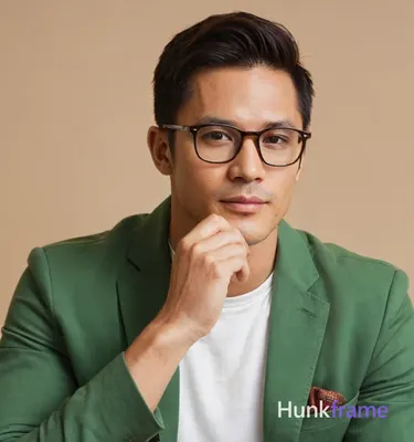 A stylish and artistic portrait of a handsome man with glasses, seated and holdi