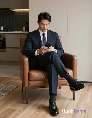 Asian man with short black straight hair, neat side part, clean-shaven face, foc