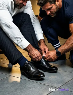 Muscle bear style close-up of two adult men with thick thighs and rugged build; one seated extending