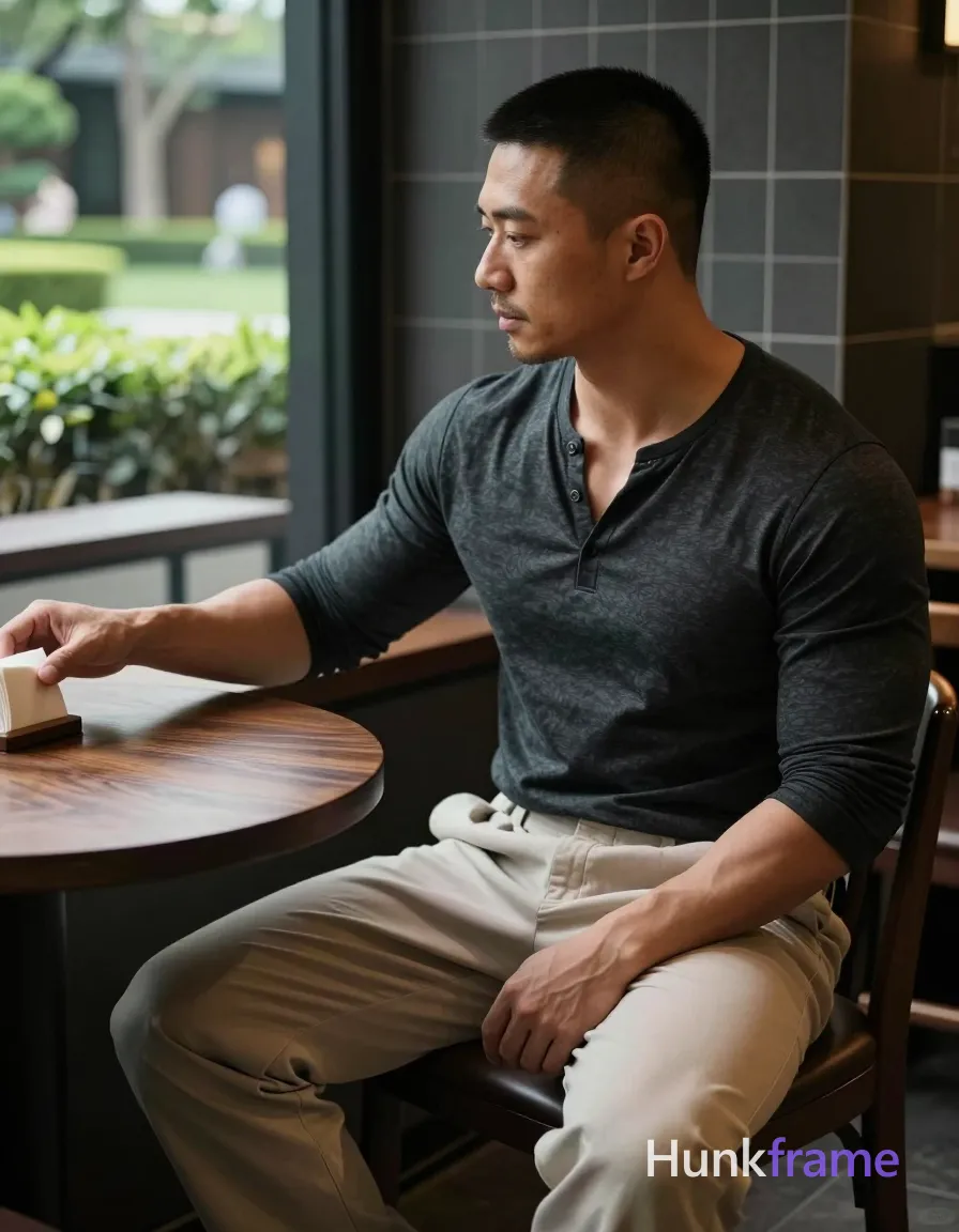Asian man with medium-tan skin and short buzz cut, clean-shaven chin with light stubble; Seated sideways in profile at a round dark wood table, left arm extended reaching for napkin holder, right hand resting on thigh; Wearing a dark charcoal long-sleeve henley buttoned to mid-chest revealing collarbones and upper sternum, paired with light beige wide-leg trousers; Indoor cafe setting with large glass window overlooking manicured garden, dark tiled wall behind; Natural daylight creates soft highlights on face and arms against dramatic shadows; Fine-art photography aesthetic, sculpted composition emphasizing broad shoulders, defined pectorals, and thick thighs; Candid lifestyle vibe; single clean uninterrupted photograph with a cohesive editorial composition and plain continuous surrounding surfaces