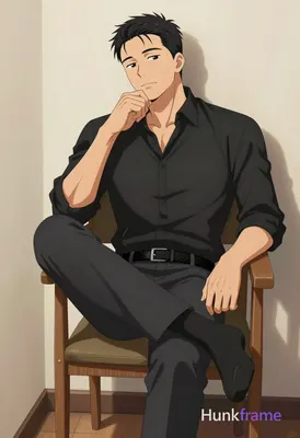 Polished anime style illustration of an adult man with short black hair and clean-shaven face seated