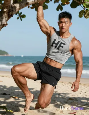 Asian man with tanned skin and short black textured crop top hair, clean-shaven head and square jawl