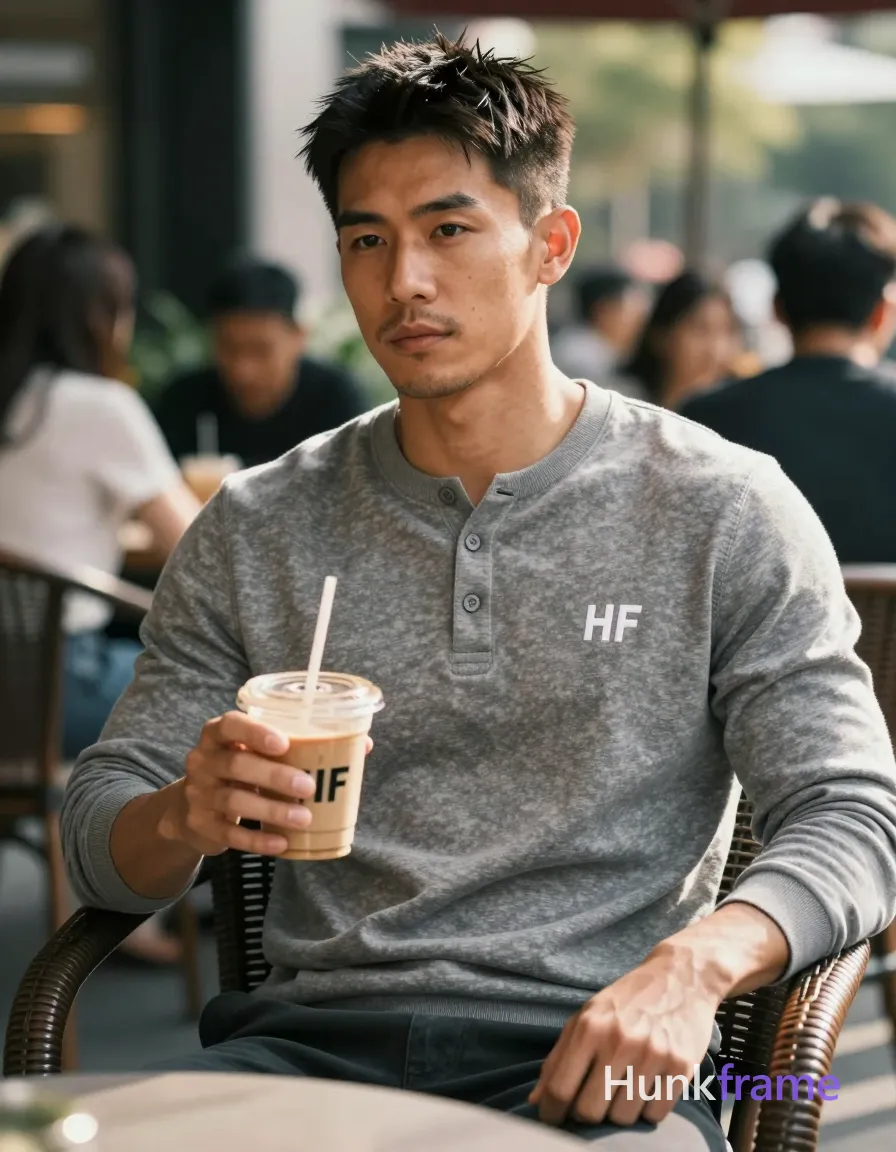 an anonymous figure man with light to medium tan skin, short textured black hair side-swept over forehead, clean-shaven jawline with faint upper lip stubble; Seated upright in wicker chair outdoors at café patio, torso angled forward holding iced coffee cup near chest level while left arm rests on lap edge; Wearing grey long-sleeve henley-style crewneck sweater with three-button placket and small embroidered white thread 'HF' logo on left chest; fully clothed adult slim build defined collarbones shoulders; Waist-up medium shot centered, shallow depth-of-field isolating subject against softly blurred greenery patrons natural sunlight warm highlights cool shadows cinematic bokeh fine-art photography premium athletic strength confident posture calm introspective mood; FULL GARMENT TEXT REPLACEMENT: remove every source garment word, sentence, slogan, logo, and partial brand spelling from every existing print area, then replace those source marks with only the wordmark, spelled exactly "HF"; This is replacement, Repeated "HF" marks are allowed only where the source garment already had printed text; preserve appropriate placement, typography, color, and scale; single clean uninterrupted photograph with a cohesive editorial composition and plain continuous surrounding surfaces