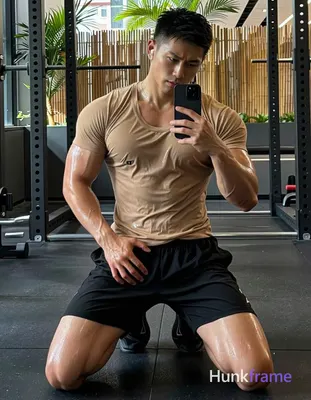 Photograph of exactly 1 adult man. Man 1: Asian, light to medium tan with visible sweat sheen on arm