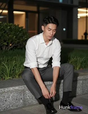 Photograph of exactly 1 adult man. Man 1: Asian, light-medium, oval with defined jawline, short dark