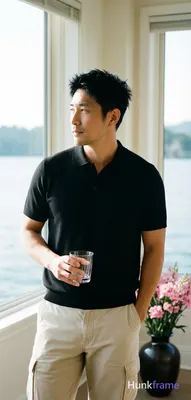 Asian man standing casually in a sunlit room with large windows overlooking water, lean build with s