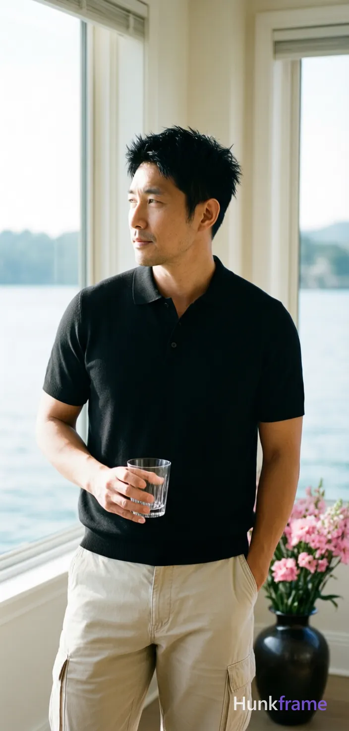Asian man standing casually in a sunlit room with large windows overlooking water, lean build with short black textured hair and clean-shaven face; He wears a buttoned black short-sleeved polo shirt and light beige cargo pants, fully clothed adult; His right hand holds a clear glass near his hip while he gazes contemplatively leftward; his posture is relaxed yet confident; A dark vase with pink flowers sits on the floor to the side; Soft natural light from the window creates gentle highlights, candid lifestyle composition with shallow depth of field blurring the background; single clean uninterrupted photograph with a cohesive editorial composition and plain continuous surrounding surfaces