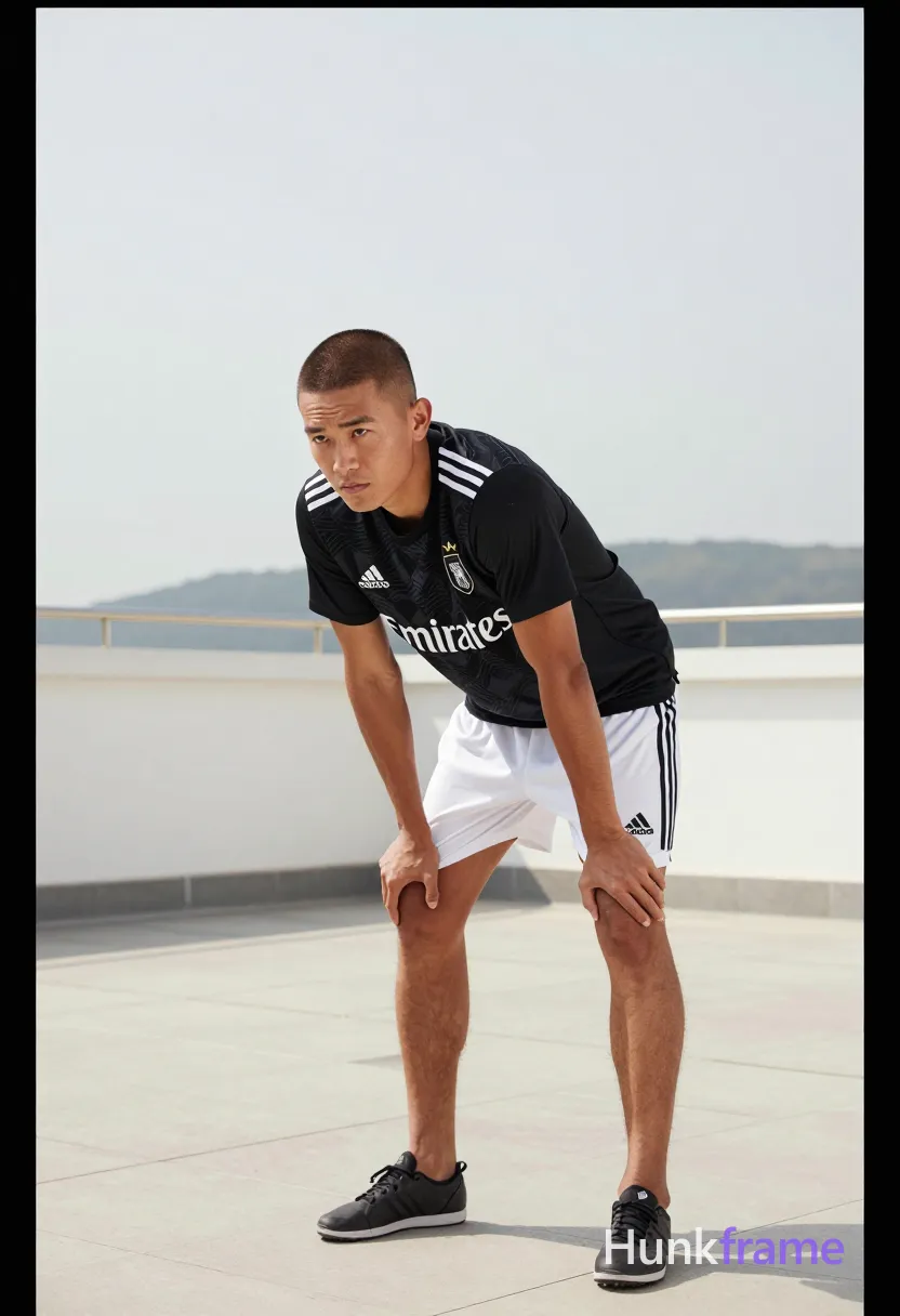 Asian man with short buzz cut and matte dark brown hair, clean-shaven face, neutral focused gaze. Standing bent forward at waist resting hands on knees in black Adidas soccer jersey with white shoulder stripes and partial Emirates text, wearing white athletic shorts with left leg stripe detail. Thick thighs and defined calf muscles visible under fully clothed attire. Full-body vertical shot center-right on outdoor rooftop terrace with tiled floor and distant hills. Diffused natural daylight from overcast sky creates soft shadows. Minimalist background emphasizes clean composition and premium fashion editorial aesthetic., a single uninterrupted photograph only, no written words or typography anywhere in frame, no captions, no app UI, no social-media post layout, no screenshot borders