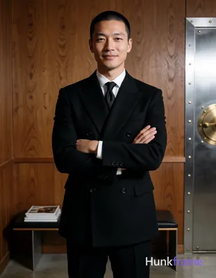 Asian man with buzz cut and light stubble on upper lip, gentle closed-mouth smil