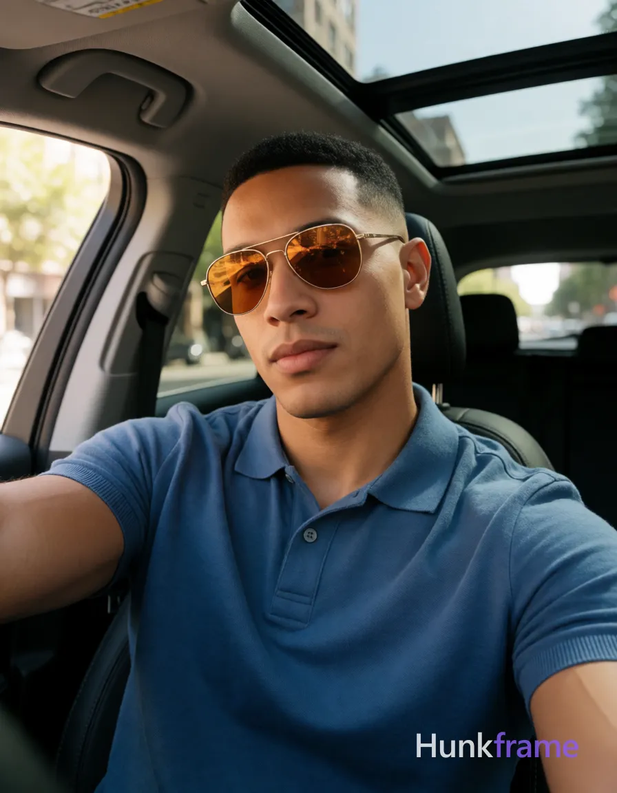 an anonymous figure man with light-medium skin and a short buzz cut featuring black textured top layer, wearing gold-rimmed aviator sunglasses with reflective amber lenses resting on the nose bridge; He is seated in the driver's seat of a car, leaning back against the headrest while extending his left arm outward holding an invisible device for a selfie angle; Dressed in a blue short-sleeved polo shirt with buttoned placket and single visible button, fully clothed adult torso showing broad shoulders and defined collarbones; Portrait crop from chest up to forehead, center-left composition occupying majority of frame, head slightly tilted toward camera; Interior of modern vehicle during daylight hours with sunroof open revealing sky above; city street visible through windows with trees and buildings in distance; Natural sunlight streaming from left side creating soft shadows on right cheek and neck; High-resolution smartphone photography with slightly warm white balance and shallow depth of field blurring background street scene, conveying confident casual luxury mood; The adult man visibly wears; single clean uninterrupted photograph with a cohesive editorial composition and plain continuous surrounding surfaces