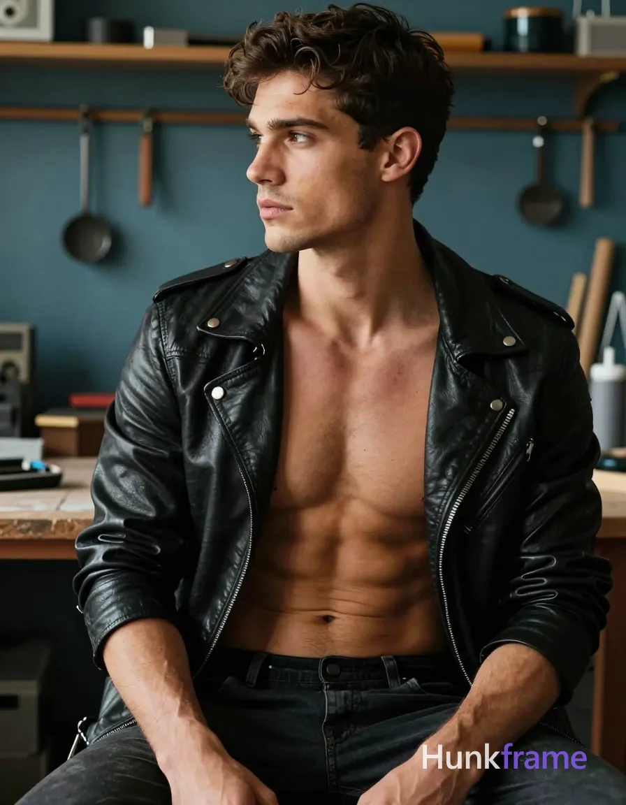 A photorealistic photograph of a handsome man seated with a torso-only crop. He is shirtless and wearing a black leather jacket, his body showing an artistic partial nude with defined abs. The setting is an artisanal workshop with warm lighting and blue-toned background featuring tools and shelves. His face is in profile, looking thoughtfully to the side, giving a contemplative and masculine mood. The canvas has a 52:29 aspect ratio (1344x768 pixels), highlighting his compact athletic build and defined abs prominently. The image showcases natural skin texture with pores, imperfect hair, and subtle film grain