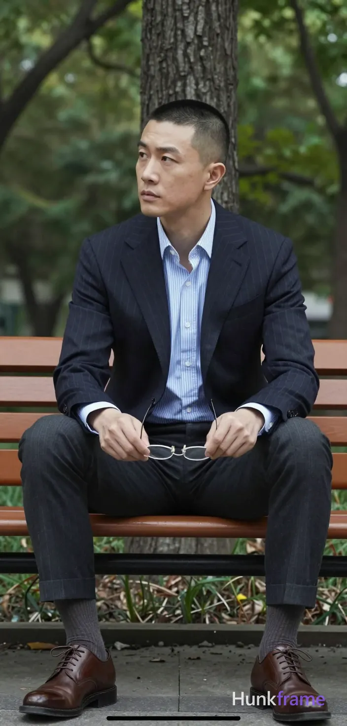 Asian man with short buzz cut and clean-shaven face, neutral contemplative gaze leftward. Seated upright on wooden park bench back against tree trunk, hands resting in lap holding eyeglasses by temples wearing dark navy pinstripe suit jacket over light blue white vertical-striped button-down shirt matching trousers dark gray ribbed crew socks mid-calf brown leather lace-up shoes. Soft diffused natural light under overcast daylight green foliage background fine-art photography editorial fashion styling confident masculine posture tasteful suggestive framing 13:19 aspect ratio, a single uninterrupted photograph only, no written words or typography anywhere in frame, no captions, no app UI, no social-media post layout, no screenshot borders