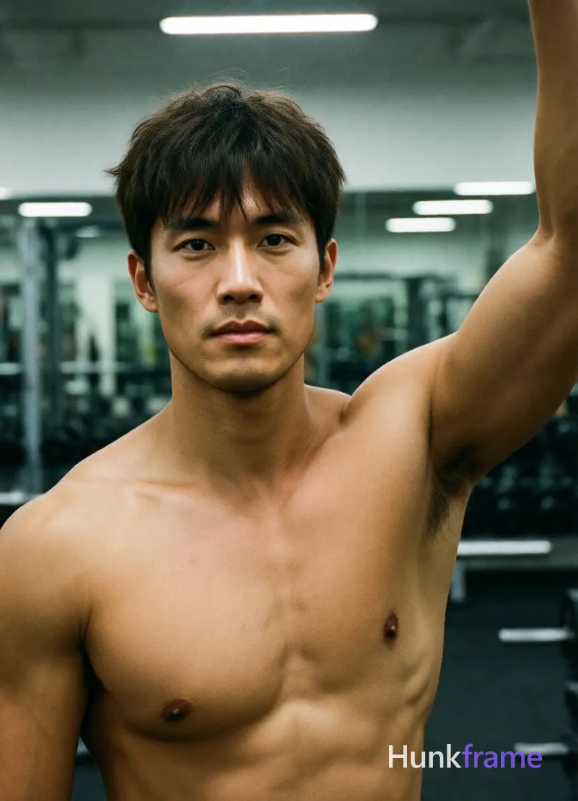 Photograph of exactly 1 adult man. Man 1: Asian, light to medium tan, oval with a defined jawline and chin, short, dark brown/black hair, slightly tousled on top with bangs falling over the forehead, straight texture, small mole on left pectoral area. Man 1 has fully exposed eyes, eyebrows, temples and nose bridge. Athletic Asian man with defined pectorals, broad shoulders. Standing upright shirtless with right arm raised out of frame. Shirtless bare chest abdomen shoulders arms up to biceps. Vertical portrait close-up torso head centered slightly angled. Indoor gym with mirrored walls weight racks fluorescent lights. Overhead artificial lighting soft shadows on sculpted muscles. Naturalistic photography slightly grainy fine-art masculine mood
