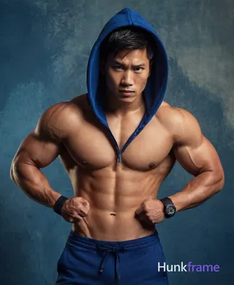 Asian male model standing shirtless against a dramatic textured background, hold