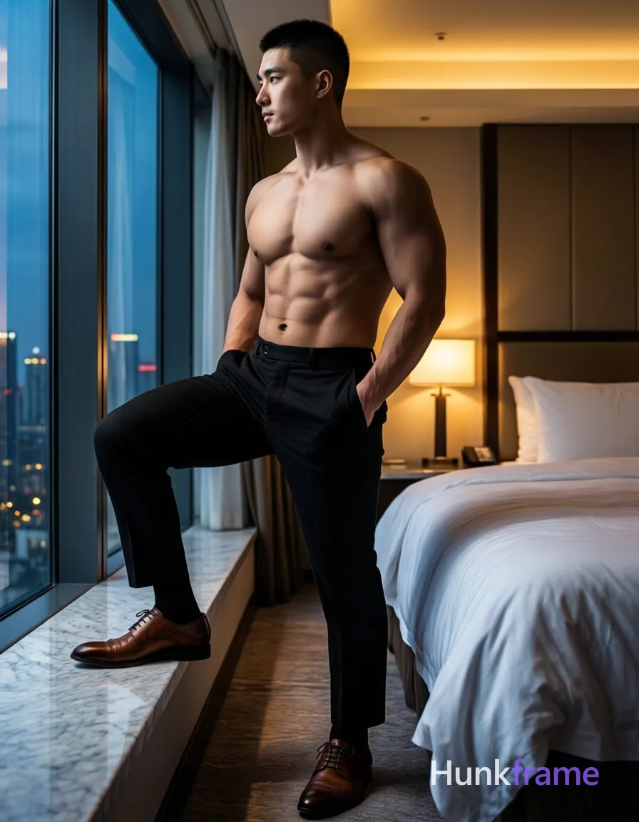 Adult masculine anime character with short black buzz cut, clean-shaven face, neutral profile gaze leftward. Shirtless bare chest and abdomen displaying muscular shoulders and defined abdominal musculature. Standing right foot planted on marble window sill ledge, left leg bent at knee lifting thick thighs slightly off bed surface. Left hand inserted into front pocket of trousers, right arm relaxed along side. Wearing black tailored trousers, brown leather lace-up dress shoes, black socks. Vertical portrait framing subject head to mid-thighs with partial view of bed and window sill center-right occupying majority frame lower legs feet partially cropped bottom edge. Hotel room interior night setting large floor-to-ceiling windows showing city skyline lights outside warm ambient ceiling lighting bedside lamp visible background high-contrast chiaroscuro lighting shallow depth field sharp focus on subject cinematic composition emphasizing silhouette form., a single uninterrupted photograph only, no written words or typography anywhere in frame, no captions, no app UI, no social-media post layout, no screenshot borders