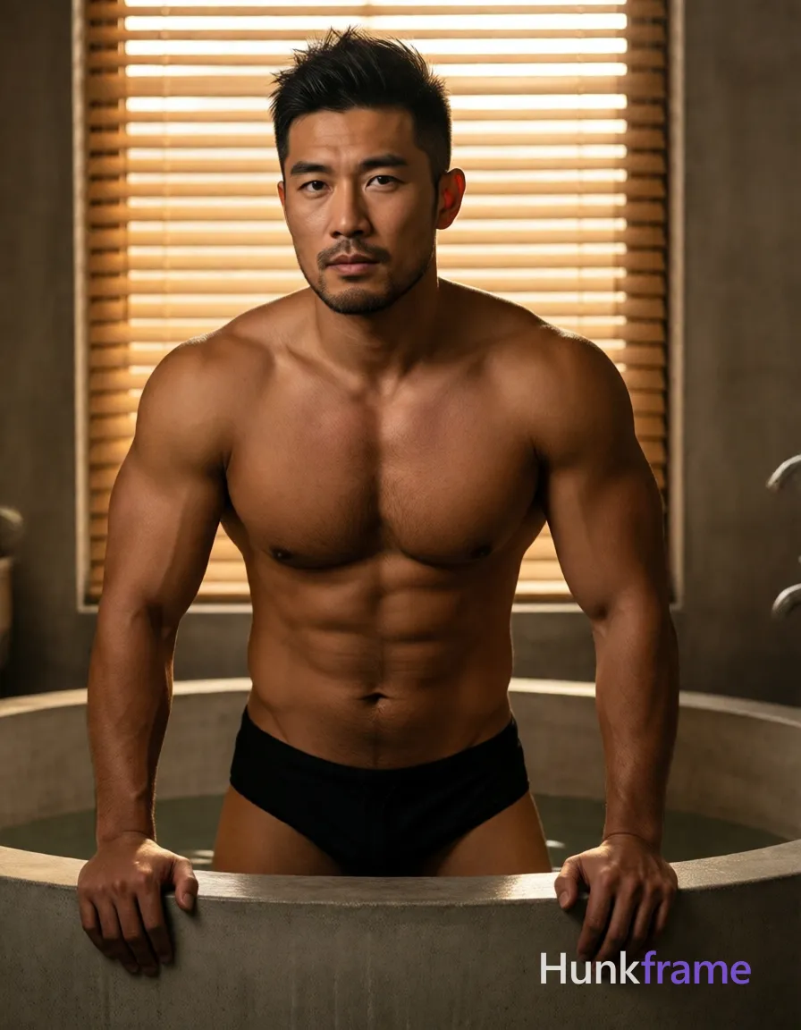 Photograph of exactly 1 adult man. Man 1: Asian, tanned, square jawline with defined cheekbones, short, dark brown/black hair, textured top with faded sides (undercut), slightly spiky on crown, clean-shaven. Man 1 has fully exposed eyes, eyebrows, temples and nose bridge. Broad shoulders, thick arms define the athletic Asian man standing in the tub. He stands upright inside the freestanding bathtub with hands resting on the rim. Shirtless torso reveals a ripped abdomen while black swim briefs show at waistline. Vertical portrait crops mid-to-lower frame centering his upper body above the tub rim. Indoor bathroom features large concrete tub, warm ambient lighting from behind blinds. Dramatic directional light emphasizes sculpted musculature with soft shadows on skin tones. Fine-art photography aesthetic captures relaxed masculine mood in a homoerotic setting
