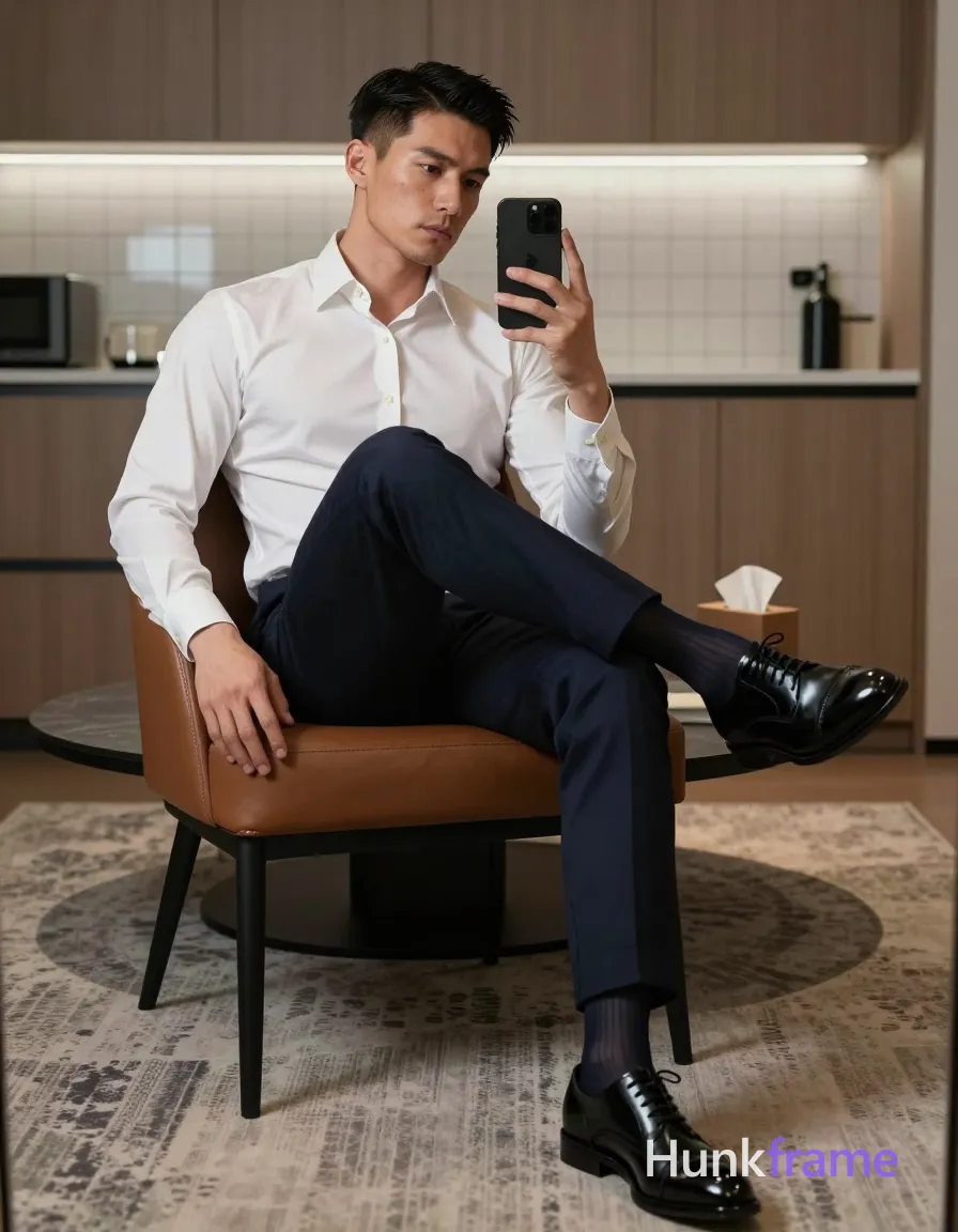 Confident adult man in tasteful suggestive framing, seated on brown leather chair with right leg crossed over left knee; He wears a white long-sleeve dress shirt with French cuffs and buttoned collar, dark navy tailored trousers cuffed at ankles, black patent leather lace-up oxford shoes, and dark navy socks visible above shoe line; Short dark hair side-parted slick-back style; clean-shaven face with neutral pensive expression holding black smartphone in right hand to capture reflection; Modern interior room featuring light wood cabinetry, patterned rug under chair, low oval coffee table with tissue box behind subject suggesting kitchen or bar area; Soft ambient indoor lighting mixed with cool-toned backlight from illuminated tile grid creating subtle shadows on skin and fabric folds; High-fashion editorial aesthetic emphasizing tailored menswear; single clean uninterrupted photograph with a cohesive editorial composition and plain continuous surrounding surfaces